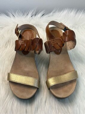 (93)PIKOLINOS Tan & Gold Leather Braided-Ankle Sandals